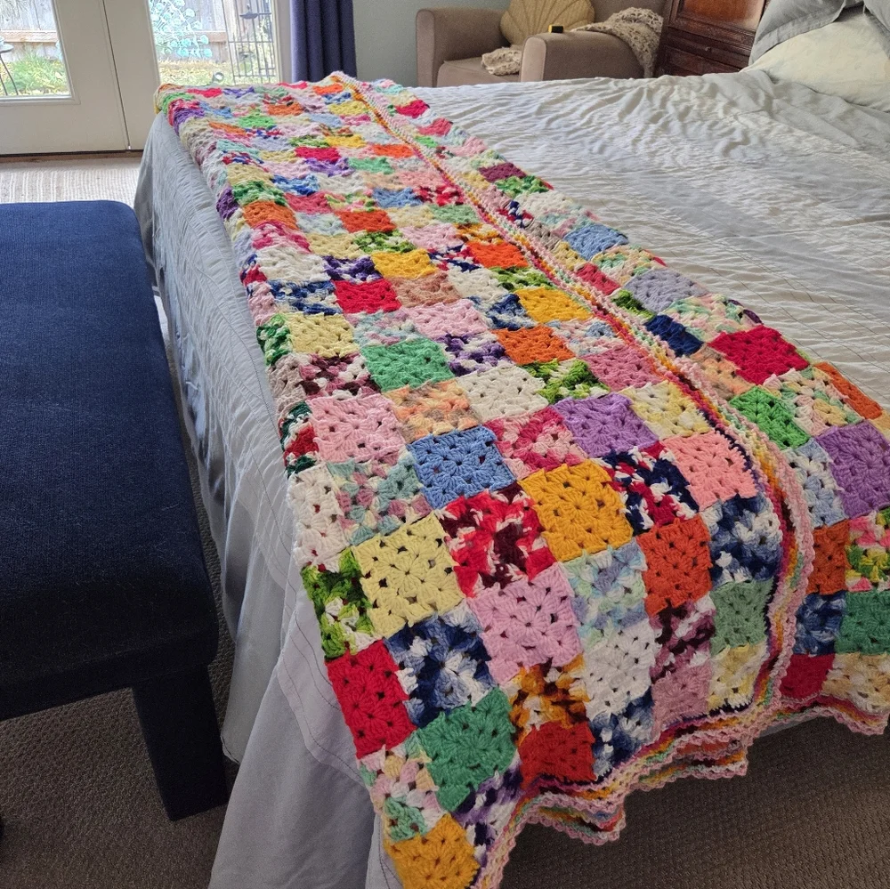 Vintage Granny Multicolor Square Crochet Throw Blanket or Afghan Extra Large